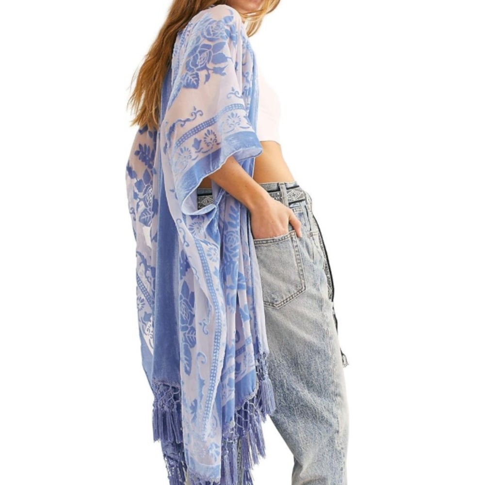 Velvet Kimono in Burnout Pale Blue. One size. NWT.